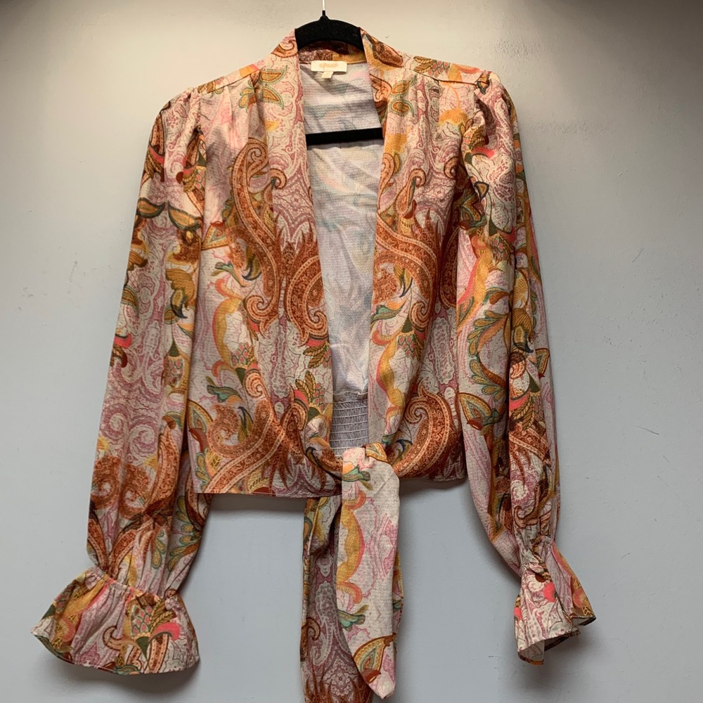 a.peach Blouse Womens Medium Multicolor Paisley Tie Front Boho PT10040BK